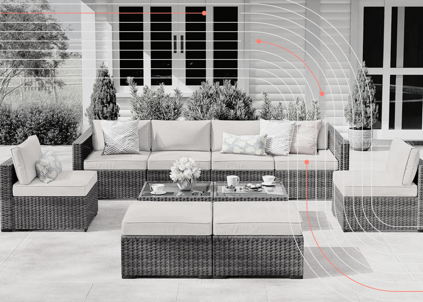 Outdoor patio furniture set in a home setting, representing home goods retail, supplier coordination, warehouse consolidation, and export logistics.