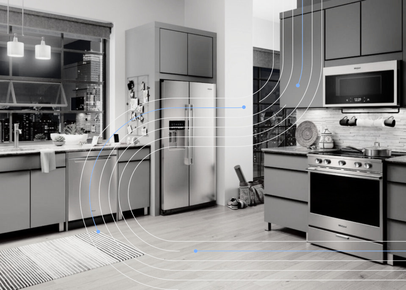 Modern kitchen with home appliances, representing dedicated warehousing, contract logistics, component storage, and plant-side supply chain support for a home appliance manufacturer.