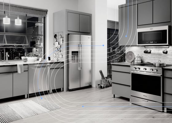 Modern kitchen with home appliances, representing dedicated warehousing, contract logistics, component storage, and plant-side supply chain support for a home appliance manufacturer.
